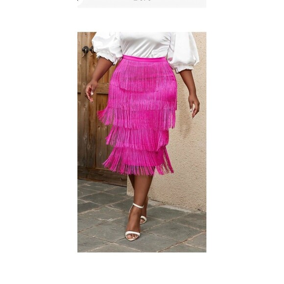 Aomei Women L Tiered Fringe High Waist Pencil Skirt Pink Cha-Cha Skirt New Zip - Picture 15 of 15